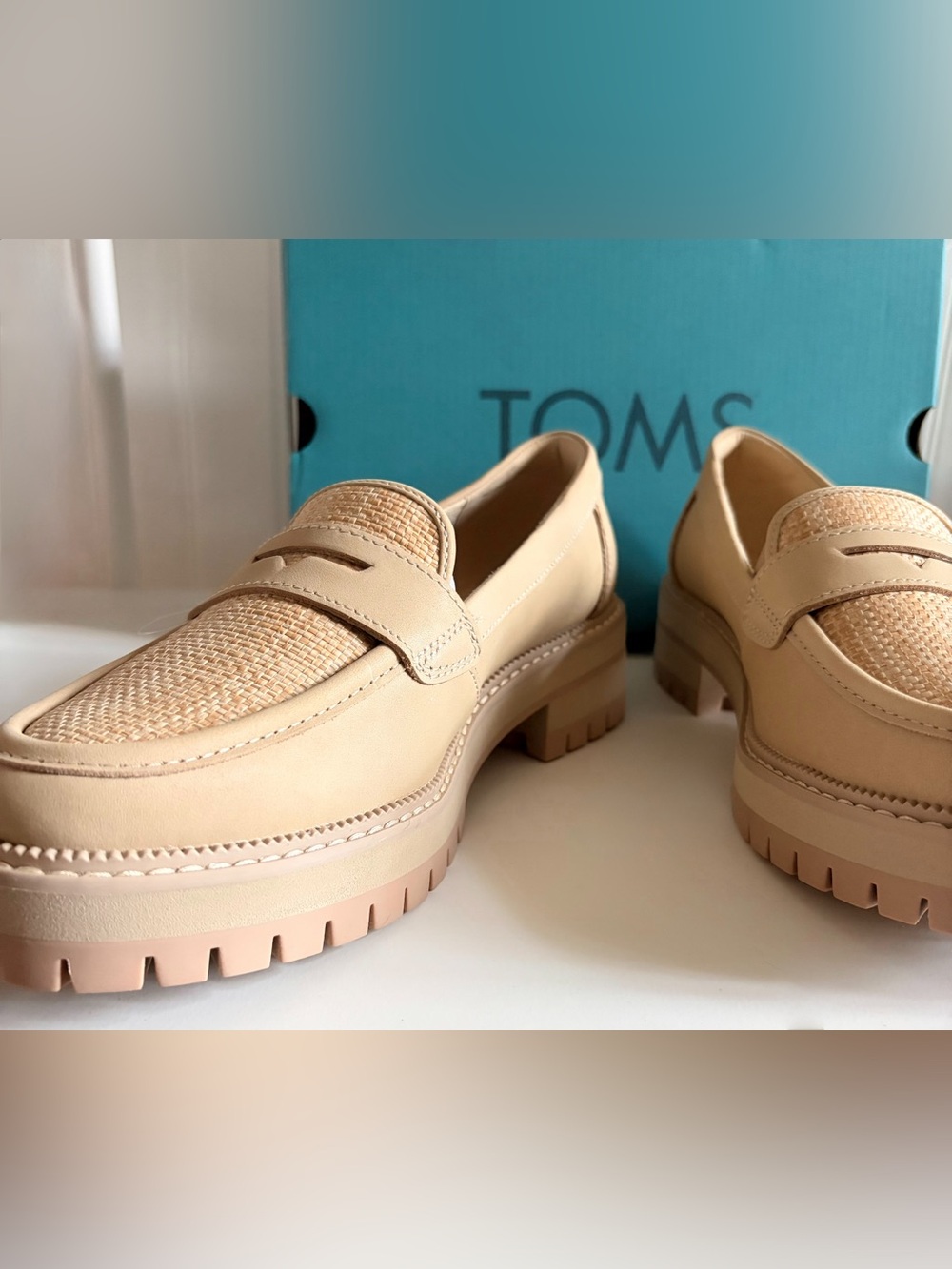 TOMS Women's Beige Leather Raffia Lug Sole Loafers - Picture 7 of 8